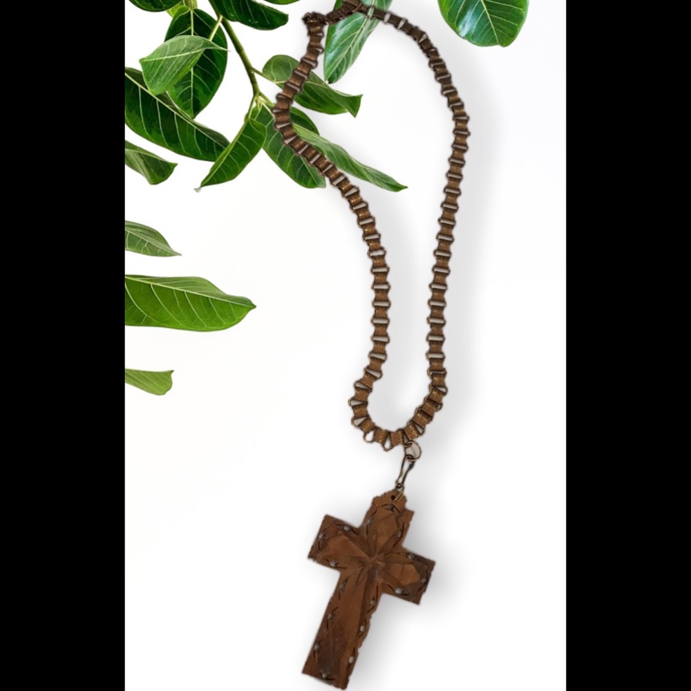 Vintage HandCarved Wood Cross/Engraved Metal Chain